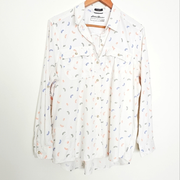 Eddie Bauer Back Vent Fruit Novelty Print Button Down Outdoor Women Shirt Size L - Picture 1 of 8